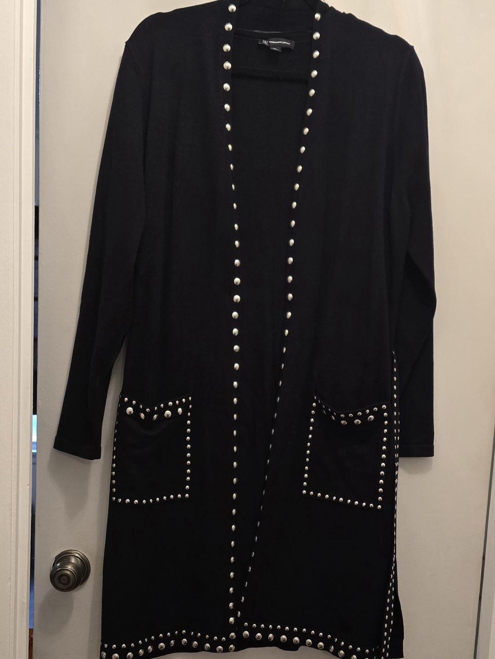 INC International Concepts Black Long Stud-Trim Open Cardigan